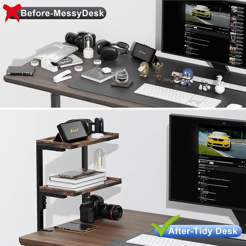 OUTIOE 2-Tier Desk Shelf, Expandable Under Desk Storage, Clamp on Desk Shelf, Desktop Accessories for Offices, Study Rooms, and Game Rooms (Wood) - Image 3